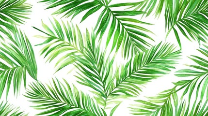 Tropical palm leaves in a vibrant floral watercolor seamless pattern featuring green palm tree branches on a white background Jungle forest texture suitable for creative wrapping and natural decor