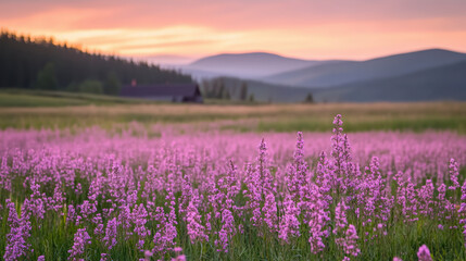 Naklejka premium A serene meadow with vibrant purple wildflowers in full bloom, set against rolling hills and a soft, colorful sunset sky in the background.