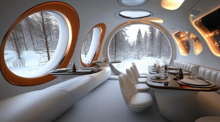 Fototapeta premium A restaurant with a large window and a view of snow-covered trees. The interior is white and features a variety of chairs and tables