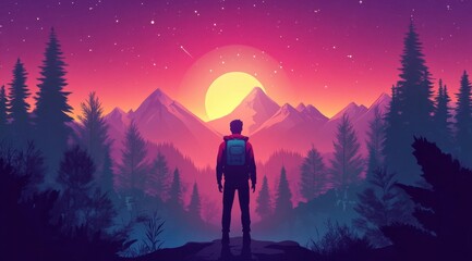 Fototapeta premium A man stands on a mountain top, looking out at the horizon. The sky is filled with stars and a large sun is visible in the distance. The scene is peaceful and serene