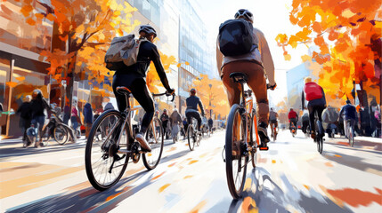 Fototapeta premium Cyclists ride through a bustling city street adorned with autumn leaves, enjoying a sunny fall day amidst urban buildings and a vibrant crowd.