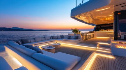 A yacht with a large deck and a beautiful view of the ocean. The deck is lit up with lights, creating a warm and inviting atmosphere