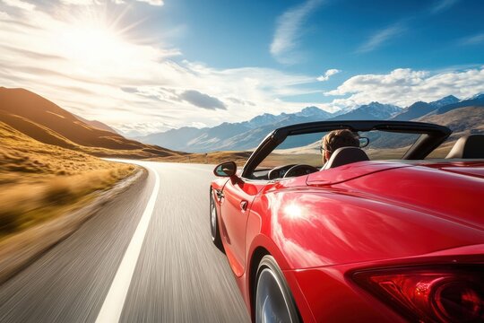 A red convertible car is driving down a road with mountains in the background. The driver is enjoying the ride and the beautiful scenery