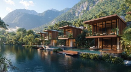 Fototapeta premium A group of houses are built on a lake, with a view of the mountains in the background. The houses are surrounded by trees and the water is calm