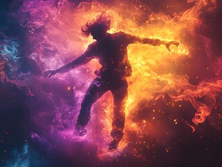 Obraz premium Man performing an energetic dance move in the middle of vibrant, swirling colorful smoke. The scene is rendered in a 3D realistic style with detailed lighting and shadow effects, giving the figure