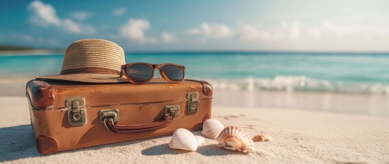 A suitcase with a straw hat and sunglasses on top of it
