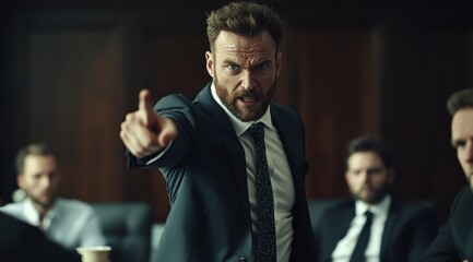 Fototapeta premium A man in a suit is pointing at something and the other people in the room are looking at him