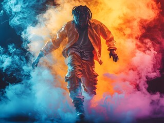 Fototapeta premium A man mid-dance with colorful smoke swirling around him, portrayed in a detailed 3D model style. The dancer s pose and smoke trail give the composition an artistic and modern feel