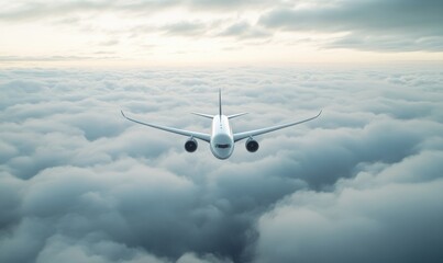 Obraz premium A white airplane is flying through a cloudy sky. The clouds are white and fluffy, and the airplane is the only object in the scene