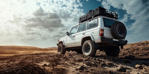 A white jeep is parked on a dirt road. The jeep has a large cargo rack on top of it. The sky is cloudy and the sun is shining