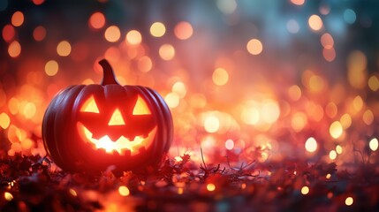Happy halloween with pumpkin on bokeh background with copy space