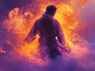 A man in a mid-dance pose surrounded by flowing clouds of vivid smoke, captured in a detailed 3D rendering. The design creates a strong sense of movement, isolated on a transparent background