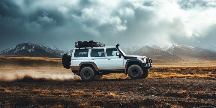 A white jeep is driving through a desert with a cloudy sky above. The jeep is covered in mud and dust, and it is going fast. Concept of adventure and excitement - Powered by Adobe