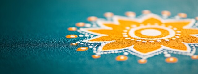 Orange mandala pattern on turquoise surface close up. Indian festive celebration concept. Image for banner, invitation and greeting card with copy space.
