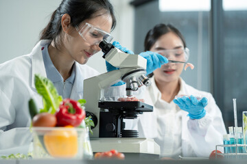 Team Microbiologists Analyzing Molecular Samples in Advanced Food Science Laboratory, Dietitian food and medicine.