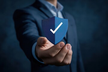 A man is holding a blue shield with a check mark on it. The shield is made of a material that is not visible in the image. The man is wearing a suit and tie, and the image has a professional