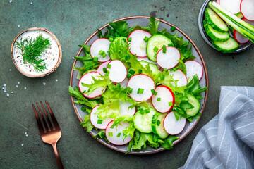 Vegan vegetable salad with radish, cucumber, lettuce and scallions with soy yogurt dressing, green background, top view