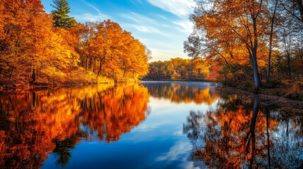 Vibrant autumn foliage reflecting on a tranquil lake under a bright blue sky in the heart of nature