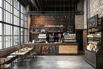 realistic interior of coffee shop, style loft, dark tone, 3D perspective, cubic style, --chaos 50 --ar 3:2 --v 6.1 Job ID: 43610265-371d-4fa7-a69b-8083972ee89a