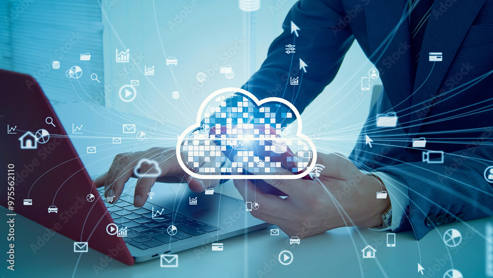 Poster Mixed media of businessman using smartphone and laptop and cloud computing concept.
