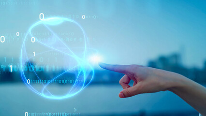 Mixed media of woman touching a sphere and digital technology concept.