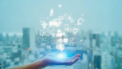 Mixed media of woman holding her hand and communication network concept.