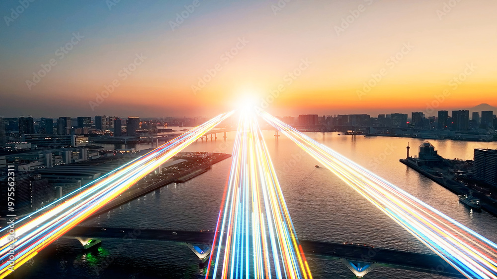 Poster mixed media of modern city aerial view and path of light leading to the future concept.