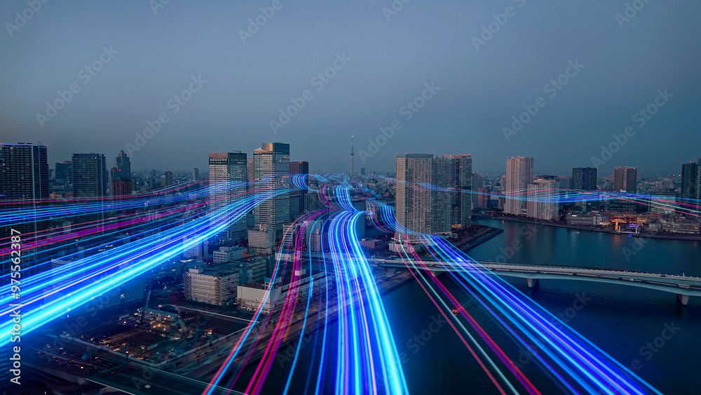 Poster mixed media of modern city aerial view and path of light leading to the future concept.