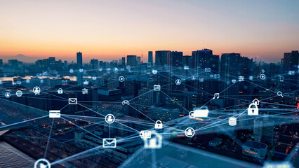 Mixed media of modern city aerial view and communication network concept.