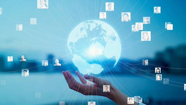 Mixed media of woman holding her hand and global communication network concept.