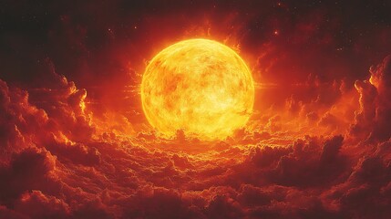 A large, fiery sun emerges from behind a layer of dark clouds in the sky.