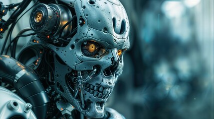 Fototapeta premium Close up of a robot that has a skull placed on its head, giving it a unique and intriguing appearance