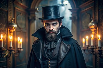 A bearded man dressed as a Victorian-era vampire, wearing a black coat and top hat, poses menacingly in