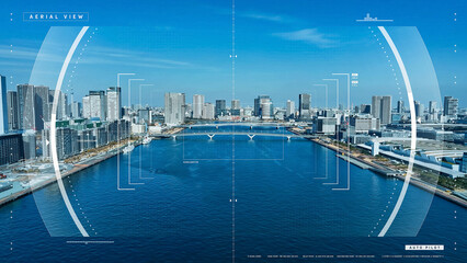 Mixed media of modern city drone point of view concept.