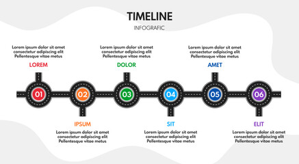 6 steps process progress or timeline, road infografic vector template