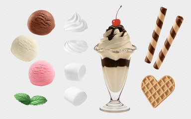 A Set of 3D Vector Ice Cream Dessert Items: Chocolate Sundae, Ice Cream, Whipped Cream, Chocolate Wafer Rolls, Mint Leaves, Marshmallow, Heart-shaped Wafer Cookie