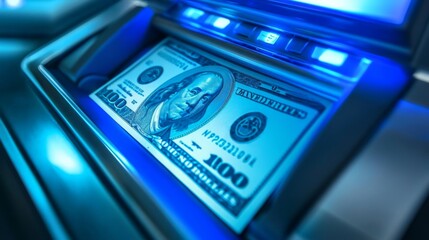 A one hundred dollar bill is being dispensed from an ATM machine.