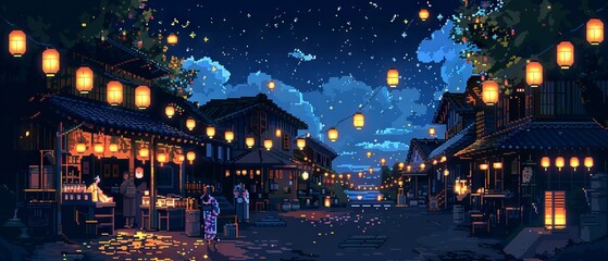 Pixel Art Scene of a Traditional Japanese Lantern Festival at Night with Kimonos and Festival Stalls