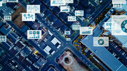 Mixed media of modern city aerial view and digital data concept.