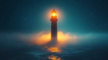 Lighthouse beacon shines through misty night sea, guiding ships to safety. Concept of hope