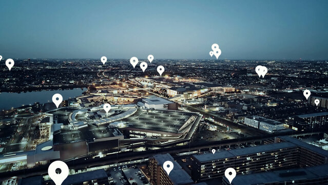 Mixed media of modern city aerial view and location information concept.