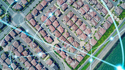 Mixed media of modern residential area aerial view and communication network concept