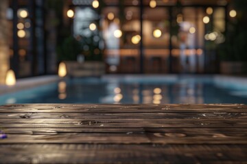 Table Pool Mockup, Wooden Background Space by Hotel Swimming Pool Bar, Copy Space