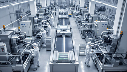 Advanced electric vehicle battery production line with robotic arms assembling lithium-ion cells