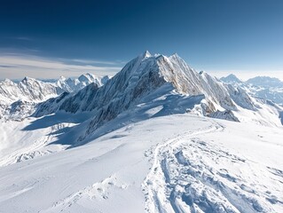 A breathtaking snowy mountain peak under a clear blue sky, showcasing a stunning winter landscape and rugged terrain.
