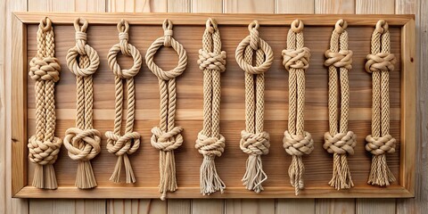 A beautifully crafted wooden display board showcases various intricate knots, expertly tied and secured, against a