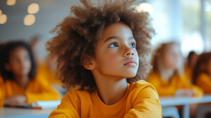 A young child with curly hair listens attentively during a classroom activity in a bright, energetic learning environment