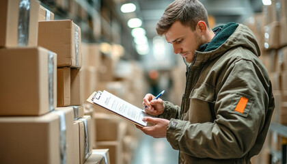 Warehouse worker checking inventory and signing delivery note on clipboard