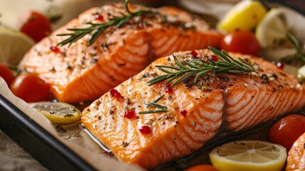 Salmon baked with veggies, lemon, and rosemary. Recipe. Fish. An angled view Allow room for text.
