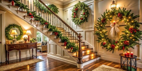 A beautifully decorated Christmas hallway features a garland-adorned staircase, festive wreaths, and vintage ornaments,